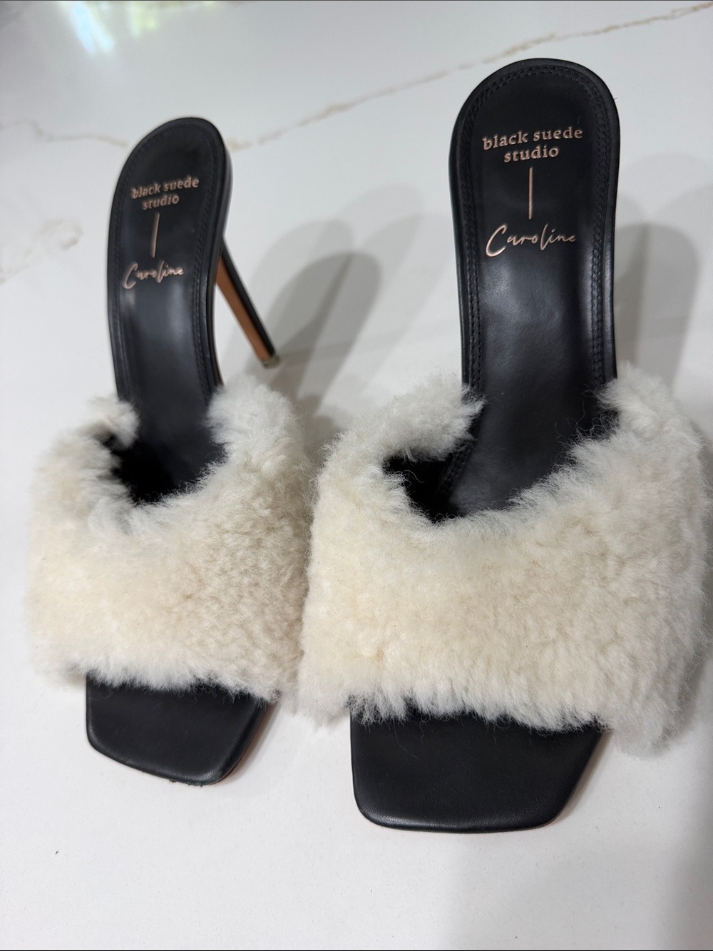 Black Suede Studio x Caroline Stanbury Heel Mule in Black with Faux Fur | 40.5